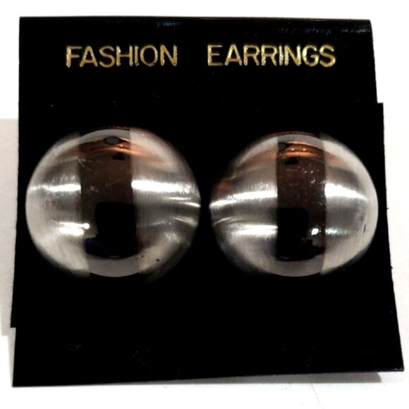 Black, Silver Dual-Tone Stud Earrings Modern Stripe Design 0.75” Fashion Jewelry - Picture 1 of 8